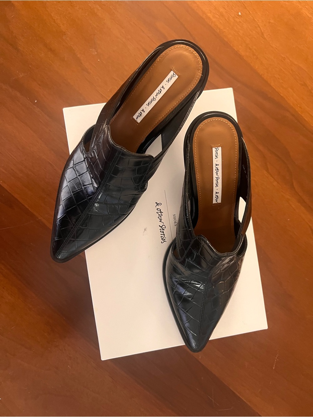 & Other Stories Black Croc Embossed Cutout Heeled Mules 39 - Picture 4 of 5